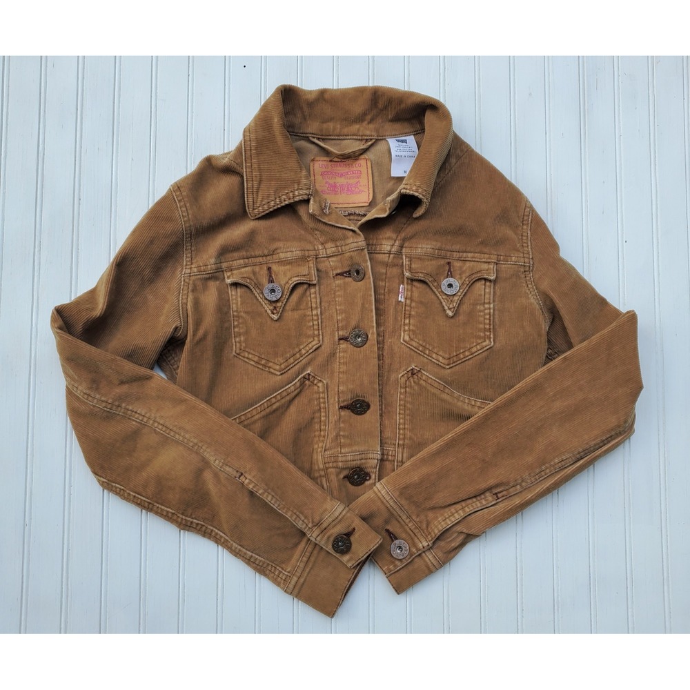 Levis Womens Brown Corduroy Cropped Trucker Jacket Tan Size M Button Up
